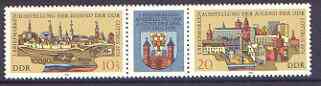 Germany - East 1978 National Youth Stamp Exhibition se-tenant pair plus label unmounted mint, SG E2058a, stamps on , stamps on  stamps on stamp exhibitions, stamps on  stamps on heraldry, stamps on  stamps on arms