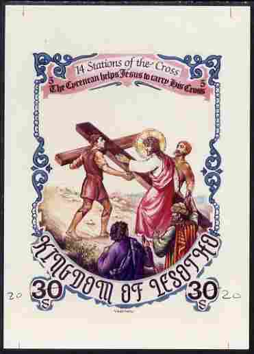 Lesotho 1985 Easter The Stations of the Cross #05 - The Cyrenean helps Jesus to carry the Cross - imperf cromalin (plastic-coated proof) as issued but without blue background, with Artist's name and denominated 30s (crossed out and marked 20) overal size 130 x 175 mm with approval signature and handstamp on reverse, almost certainly unique. as SG 624, stamps on , stamps on stamps on arts, stamps on stamps on easter, stamps on stamps on religion