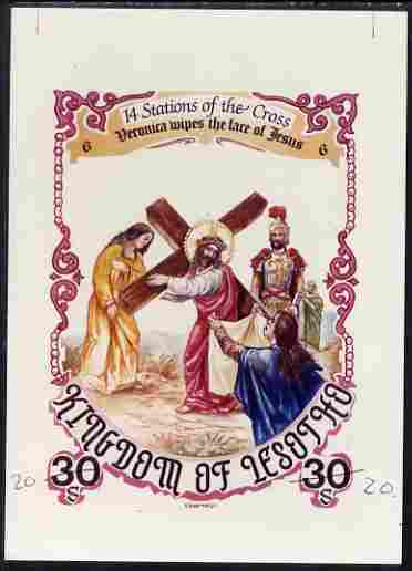 Lesotho 1985 Easter The Stations of the Cross #06 - Veronica wipes the face of Jesus - imperf cromalin (plastic-coated proof) as issued but without blue background, with Artist's name and denominated 30s (crossed out and marked 20) overal size 130 x 175 mm with approval signature and handstamp on reverse, almost certainly unique. as SG 625, stamps on , stamps on stamps on arts, stamps on stamps on easter, stamps on stamps on religion