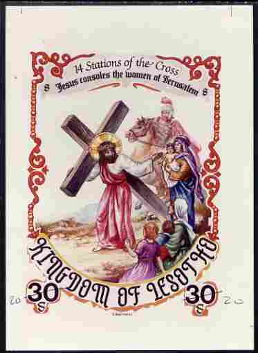 Lesotho 1985 Easter The Stations of the Cross #08 - Jesus Consoles the Women of Jerusalem - imperf cromalin (plastic-coated proof) as issued but without blue background, ..., stamps on arts, stamps on easter, stamps on religion