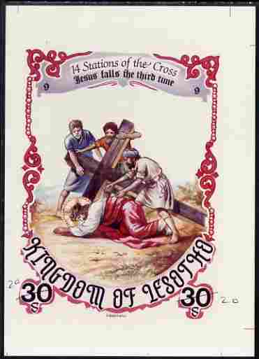 Lesotho 1985 Easter The Stations of the Cross #09 - Jesus falls the third time - imperf cromalin (plastic-coated proof) as issued but without blue background, with Artist..., stamps on arts, stamps on easter, stamps on religion