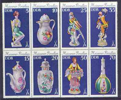 Germany - East 1979 Meissen Porcelain set of 8 in two se-tenant blocks of 4 unmounted mint, SG E2173-80, stamps on porcelain, stamps on pottery, stamps on parrots, stamps on 