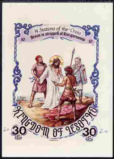 Lesotho 1985 Easter The Stations of the Cross #10 - Jesus is stripped of his Garments - imperf cromalin (plastic-coated proof) as issued but without blue background, with Artist's name and denominated 30s (crossed out and marked 20) overal size 130 x 175 mm with approval signature and handstamp on reverse, almost certainly unique. as SG 629, stamps on , stamps on stamps on arts, stamps on stamps on easter, stamps on stamps on religion