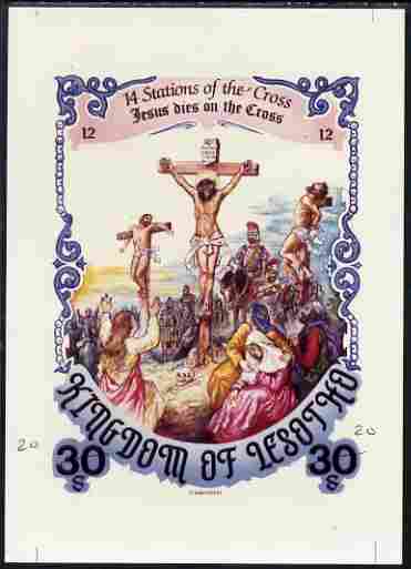 Lesotho 1985 Easter The Stations of the Cross #12 - Jesus dies on the Cross - imperf cromalin (plastic-coated proof) as issued but without blue background, with Artist's name and denominated 30s (crossed out and marked 20) overal size 130 x 175 mm with approval signature and handstamp on reverse, almost certainly unique. as SG 631, stamps on , stamps on stamps on arts, stamps on stamps on easter, stamps on stamps on religion