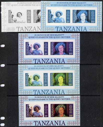 Tanzania 1985 Life & Times of HM Queen Mother m/sheet (containing SG 426 & 428) imperf set of 5 progressive colour proofs unmounted mint, stamps on royalty, stamps on queen mother