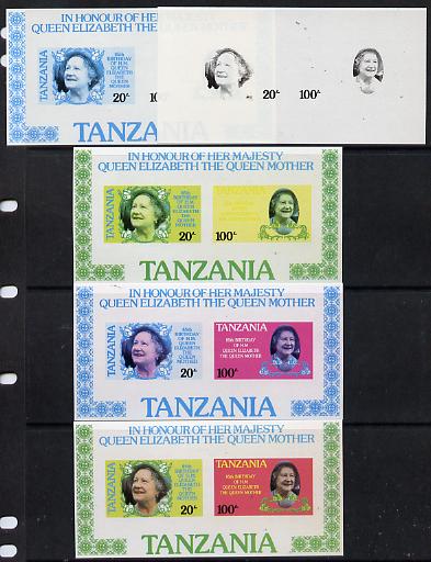 Tanzania 1985 Life & Times of HM Queen Mother m/sheet (containing SG 425 & 427) imperf set of 5 progressive colour proofs unmounted mint, stamps on royalty, stamps on queen mother