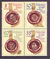 Germany - East 1984 Historical Seals set of 4 in se-tenant block unmounted mint, SG E2595a, stamps on postal, stamps on bread, stamps on wool, stamps on shoes