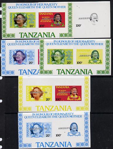 Tanzania 1986 Queen Mother m/sheet (containing SG 425 & 427 with AMERIPEX 86 opt in silver) set of 6 imperf progressive colour proofs unmounted mint, stamps on postal, stamps on royalty, stamps on queen mother, stamps on stamp exhibitions