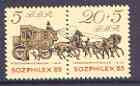 Germany - East 1985 Sozphilex 1985 Stamp Exhibition perf set of 2 (se-tenant pair) unmounted mint, SG E2675a, stamps on , stamps on  stamps on stamp exhibitions, stamps on  stamps on coaches, stamps on  stamps on horses