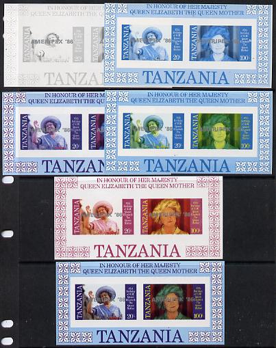 Tanzania 1986 Queen Mother m/sheet (containing SG 426 & 428 with 'AMERIPEX 86' opt in silver) set of 6 imperf progressive colour proofs unmounted mint, stamps on , stamps on  stamps on postal, stamps on  stamps on royalty, stamps on  stamps on queen mother, stamps on  stamps on stamp exhibitions