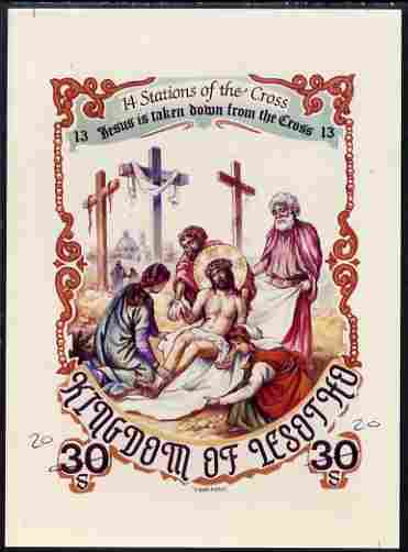 Lesotho 1985 Easter The Stations of the Cross #13 - Jesus is taken down from the Cross - imperf cromalin (plastic-coated proof) as issued but without blue background, with Artist's name and denominated 30s (crossed out and marked 20) overal size 130 x 175 mm with approval signature and handstamp on reverse, almost certainly unique. as SG 632, stamps on , stamps on stamps on arts, stamps on stamps on easter, stamps on stamps on religion