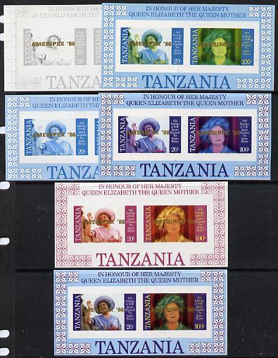 Tanzania 1986 Queen Mother m/sheet (containing SG 426 & 428 with AMERIPEX 86 opt in gold) set of 6 imperf progressive colour  unmounted mintproofs, stamps on postal, stamps on royalty, stamps on queen mother, stamps on stamp exhibitions