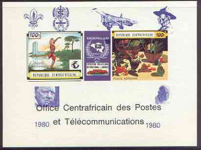 Central African Republic 1980 opt on 1970 'Knokphila 70' Stamp Exhibition 100f triptych deluxe proof card in full issued colours (as SG 223-4) opt'd in blue showing Scout & Malaria logos, Concorde, Baden Powell, Churchill & Pofpe , stamps on fruit, stamps on stamp exhibitions, stamps on scouts, stamps on churchill, stamps on concorde, stamps on pope, stamps on malaria, stamps on diseases, stamps on aviation, stamps on 