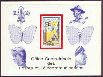 Central African Republic 1970 'EXPO 70' 200f deluxe proof card in full issued colours (as SG 226) opt'd in blue showing Scout logo, Baden Powell, Butterflies, Princess Di & Mother Teresa, stamps on , stamps on  stamps on building, stamps on  stamps on flags, stamps on  stamps on scouts, stamps on  stamps on butterflies, stamps on  stamps on diana, stamps on  stamps on teresa, stamps on  stamps on nobel, stamps on  stamps on royalty