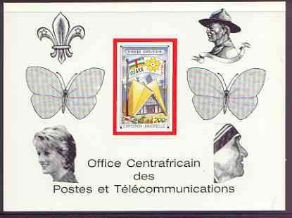 Central African Republic 1970 EXPO 70 200f deluxe proof card in full issued colours (as SG 226) optd in black showing Scout logo, Baden Powell, Butterflies, Princess Di &..., stamps on building, stamps on flags, stamps on scouts, stamps on butterflies, stamps on diana, stamps on teresa, stamps on nobel, stamps on royalty