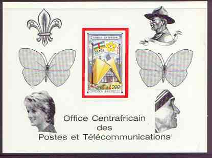 Central African Republic 1970 'EXPO 70' 200f deluxe proof card in full issued colours (as SG 226) opt'd in black showing Scout logo, Baden Powell, Butterflies, Princess Di & Mother Teresa, stamps on , stamps on  stamps on building, stamps on  stamps on flags, stamps on  stamps on scouts, stamps on  stamps on butterflies, stamps on  stamps on diana, stamps on  stamps on teresa, stamps on  stamps on nobel, stamps on  stamps on royalty