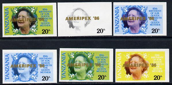 Tanzania 1986 Queen Mother 20s (SG 425 with AMERIPEX 86 opt in gold) set of 6 imperf progressive colour proofs unmounted mint, stamps on postal, stamps on royalty, stamps on queen mother, stamps on stamp exhibitions