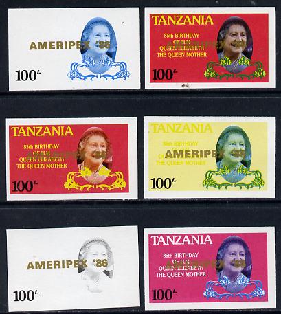 Tanzania 1986 Queen Mother 100s (SG 427 with 'AMERIPEX 86' opt in gold) set of 6 imperf progressive colour proofs unmounted mint, stamps on , stamps on  stamps on postal, stamps on  stamps on royalty, stamps on  stamps on queen mother, stamps on  stamps on stamp exhibitions