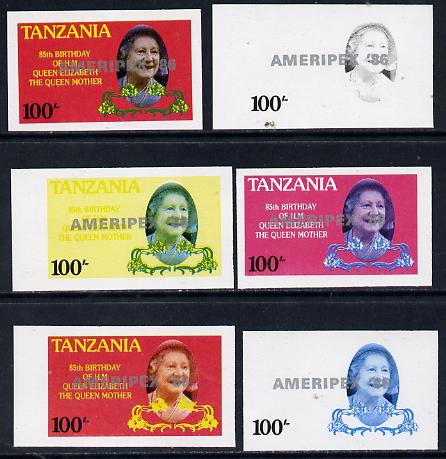 Tanzania 1986 Queen Mother 100s (SG 427 with AMERIPEX 86 opt in silver) set of 6 imperf progressive colour proofs unmounted mint, stamps on postal, stamps on royalty, stamps on queen mother, stamps on stamp exhibitions