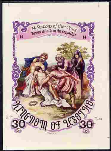 Lesotho 1985 Easter The Stations of the Cross #14 - Jesus is laid in the Sepulchre - imperf cromalin (plastic-coated proof) as issued but without blue background, with Artist's name and denominated 30s (crossed out and marked 20) overal size 130 x 175 mm with approval signature and handstamp on reverse, almost certainly unique. as SG 633, stamps on , stamps on  stamps on arts, stamps on  stamps on easter, stamps on  stamps on religion