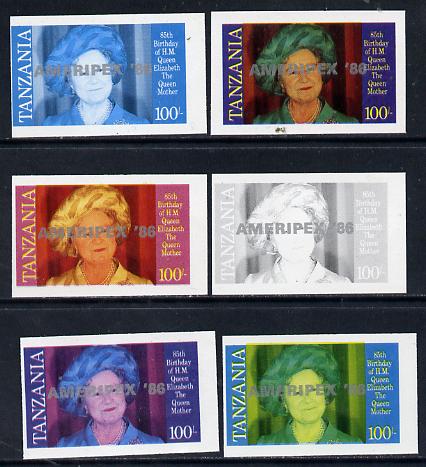 Tanzania 1986 Queen Mother 100s (SG 428 with AMERIPEX 86 opt in silver) set of 6 imperf progressive colour proofs unmounted mint, stamps on postal, stamps on royalty, stamps on queen mother, stamps on stamp exhibitions