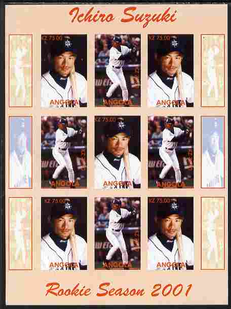 Angola 2001 Baseball Rookie Season - Ichiro Suzuki imperf sheetlet containing 9 values unmounted mint. Note this item is privately produced and is offered purely on its thematic appeal, stamps on , stamps on  stamps on personalities, stamps on  stamps on sport, stamps on  stamps on baseball