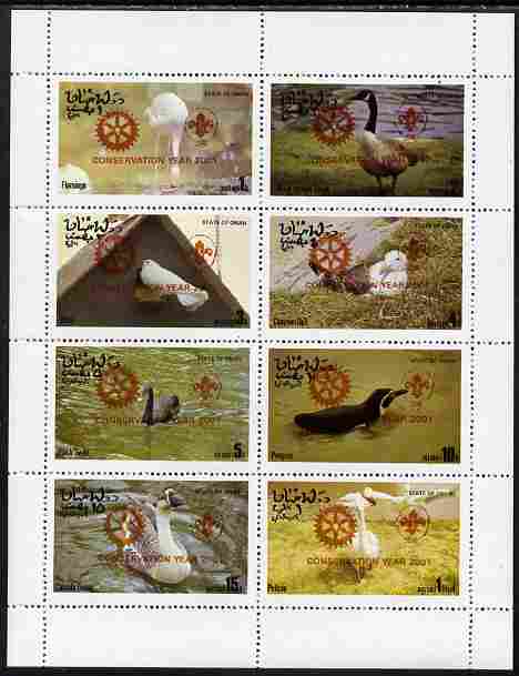 Oman 2001 Conservation Year with Rotary & Scout Logos overprinted in red on 1977 Birds #2 perf sheetlet containing set of 8 unmounted mint, stamps on rotary, stamps on scouts, stamps on birds, stamps on flamingo, stamps on goose, stamps on dove, stamps on gull, stamps on swan, stamps on penguin, stamps on pelican