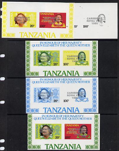 Tanzania 1985 Life & Times of HM Queen Mother m/sheet (containing SG 425 & 427 with 'Caribbean Royal Visit' opt in silver) set of 5 imperf progressive colour proofs unmounted mint, stamps on , stamps on  stamps on royalty, stamps on royal visit , stamps on queen mother