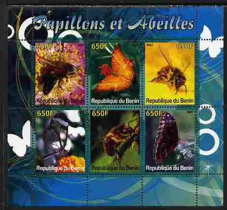 Benin 2007 Butterflies & Bees perf sheetlet containing 6 values unmounted mint. Note this item is privately produced and is offered purely on its thematic appeal, stamps on , stamps on  stamps on butterflies, stamps on  stamps on bees, stamps on  stamps on insects