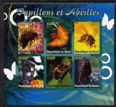 Benin 2007 Butterflies & Bees imperf sheetlet containing 6 values unmounted mint. Note this item is privately produced and is offered purely on its thematic appeal, stamps on , stamps on  stamps on butterflies, stamps on  stamps on bees, stamps on  stamps on insects