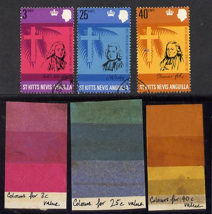 St Kitts-Nevis 1969 Methodist Church set of 3 printers' colour strips plus issued set, most unusual unmounted mint, stamps on , stamps on  stamps on religion