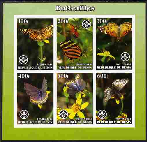 Benin 2004 Butterflies imperf sheetlet containing set of 6 values each with Scouts logo unmounted mint. Note this item is privately produced and is offered purely on its thematic appeal, stamps on , stamps on  stamps on butterflies, stamps on  stamps on scouts