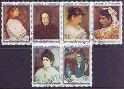 St Thomas & Prince Islands 1982 Paintings of Women by Picasso perf set of 6 fine cds used, Mi 801-06, stamps on , stamps on  stamps on , stamps on  stamps on  iyc , stamps on  stamps on dogs, stamps on  stamps on arts, stamps on  stamps on gainsborough, stamps on  stamps on reynolds, stamps on  stamps on picasso