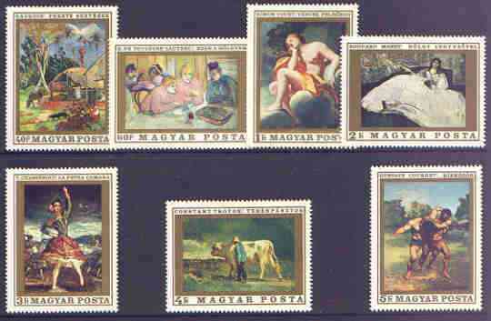 Hungary 1969 Paintings in National Gallery #6 (French Masters) perf set of 7 unmounted mint, SG 2449-55, stamps on , stamps on  stamps on arts, stamps on  stamps on manet, stamps on  stamps on gauguin, stamps on  stamps on wrestling, stamps on  stamps on dancing, stamps on  stamps on boving