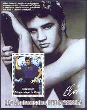 Congo 2002 25th Death Anniversary of Elvis Presley perf souvenir sheet #4 (1955 colour pic of Elvis in blue shirt) unmounted mint, stamps on elvis, stamps on music, stamps on entertainments, stamps on films
