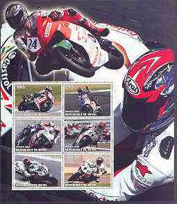 Benin 2002 Racing Motorcycles #1 special large perf sheet containing 6 values unmounted mint, stamps on , stamps on  stamps on motorbikes