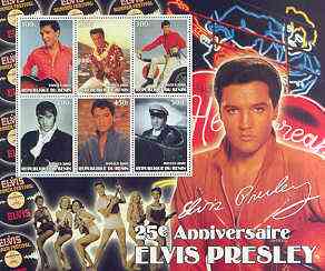 Benin 2002 Elvis Presley 25th Death Anniversary special large perf sheet containing 6 values unmounted mint, stamps on , stamps on  stamps on elvis, stamps on  stamps on music, stamps on  stamps on entertainments, stamps on  stamps on films