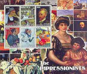 Benin 2002 The Impressionists #1 special large perf sheet containing 6 values unmounted mint, stamps on , stamps on  stamps on arts, stamps on  stamps on seurat, stamps on  stamps on van gogh, stamps on  stamps on toulouse-lautrec, stamps on  stamps on gauguin, stamps on  stamps on signac