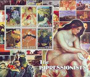 Benin 2002 The Impressionists #2 special large perf sheet containing 6 values unmounted mint, stamps on , stamps on  stamps on arts, stamps on  stamps on cassatt, stamps on  stamps on van gogh, stamps on  stamps on toulouse-lautrec, stamps on  stamps on gauguin, stamps on  stamps on 