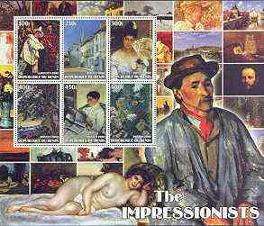 Benin 2002 The Impressionists #3 special large perf sheet containing 6 values unmounted mint, stamps on arts, stamps on cassatt, stamps on cezanne, stamps on sisley, stamps on nudes