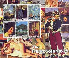 Benin 2002 The Impressionists #5 special large perf sheet containing 6 values unmounted mint, stamps on , stamps on  stamps on arts, stamps on  stamps on constable, stamps on  stamps on corot, stamps on  stamps on boudin, stamps on  stamps on millet, stamps on  stamps on courbet, stamps on  stamps on nudes