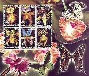 Benin 2002 Orchids & Butterflies special large perf sheet containing 6 values each with Scouts Logo unmounted mint, stamps on , stamps on  stamps on flowers, stamps on  stamps on orchids, stamps on  stamps on butterflies, stamps on  stamps on scouts