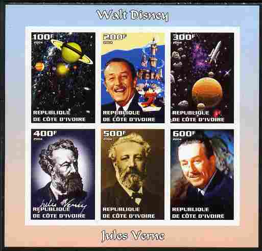 Ivory Coast 2004 Walt Disney & Jules Verne imperf sheetlet containing 6 values unmounted mint. Note this item is privately produced and is offered purely on its thematic appeal, stamps on , stamps on  stamps on personalities, stamps on  stamps on films, stamps on  stamps on cinema, stamps on  stamps on movies, stamps on  stamps on disney, stamps on  stamps on literature, stamps on  stamps on verne, stamps on  stamps on sci-fi