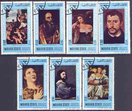 Aden - Mahra 1968 Paintings by Titian perf set of 7 cto used, Mi 83-89A, stamps on arts, stamps on titian, stamps on renaissance