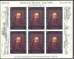 Yemen - Royalist 1967 Rembrandt imperf set of 6 (borders in silver) each in sheetlets of 6 (with Windmills & Amphilex in margins) unmounted mint SG R205-10, Mi 284-89B, stamps on , stamps on  stamps on arts, stamps on personalities, stamps on rembrandt, stamps on  stamps on windmills, stamps on  stamps on stamp exhibitions, stamps on  stamps on renaissance