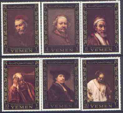 Yemen - Royalist 1967 Rembrandt perf set of 6 (borders in gold) unmounted mint as SG R205-10, Mi 278-83A, stamps on , stamps on  stamps on arts, stamps on personalities, stamps on rembrandt, stamps on  stamps on renaissance