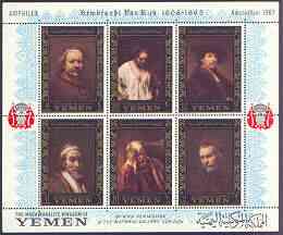 Yemen - Royalist 1967 Rembrandt perf m/sheet containing set of 6 (borders in gold) with Amphilex in margin unmounted mint, Mi BL 37A, stamps on , stamps on  stamps on arts, stamps on personalities, stamps on rembrandt, stamps on  stamps on stamp exhibitions, stamps on  stamps on renaissance