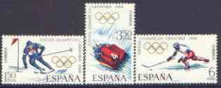 Spain 1968 Grenoble Winter Olympic Games perf set of 3 unmounted mint, SG 1909-11, stamps on olympics, stamps on skiing, stamps on bobsled, stamps on ice hockey