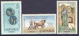 Spain 1967 2000th Anniversary of Caceres perf set of 3 unmounted mint, SG 1885-87, stamps on ploughing, stamps on oxen, stamps on coins, stamps on statues, stamps on bovine