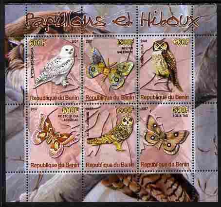 Benin 2007 Butterflies & Owls #4 perf sheetlet containing 6 values unmounted mint. Note this item is privately produced and is offered purely on its thematic appeal, stamps on butterflies, stamps on birds, stamps on birds of prey, stamps on owls